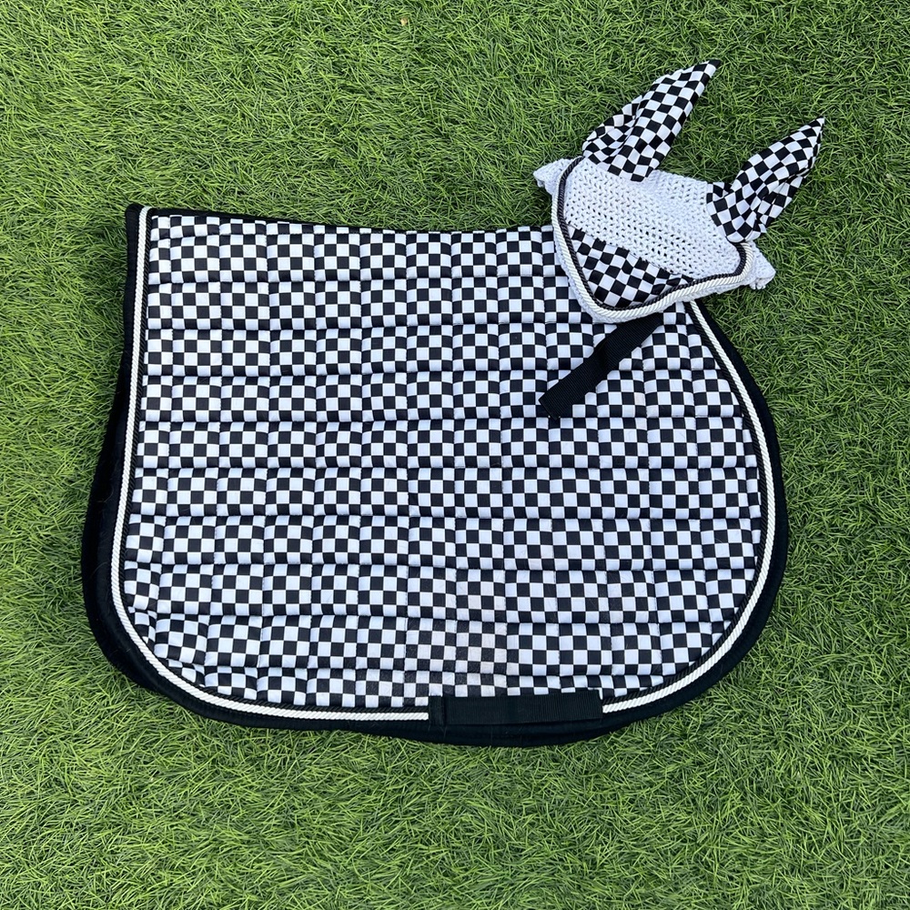 Black and White Checkered Jump Saddle Pad And Bonnet Set